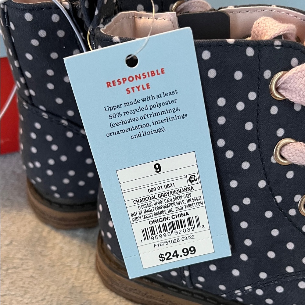 Cat & Jack Charcoal Gray Polka Dot Kids Boots with Pink Laces - Picture 8 of 9